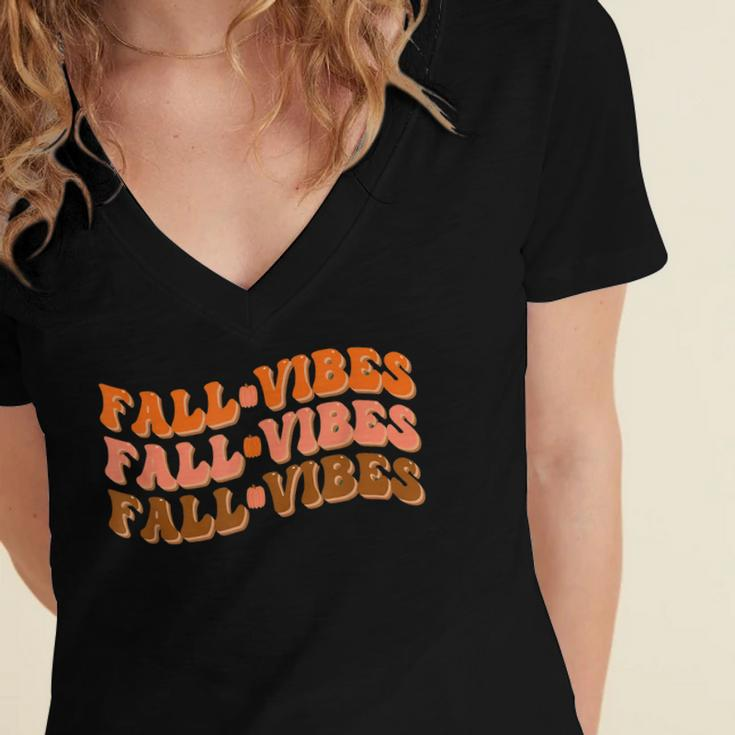 Fall Vibes Thanksgiving Retro Groovy Women's Jersey Short Sleeve Deep V-Neck Tshirt