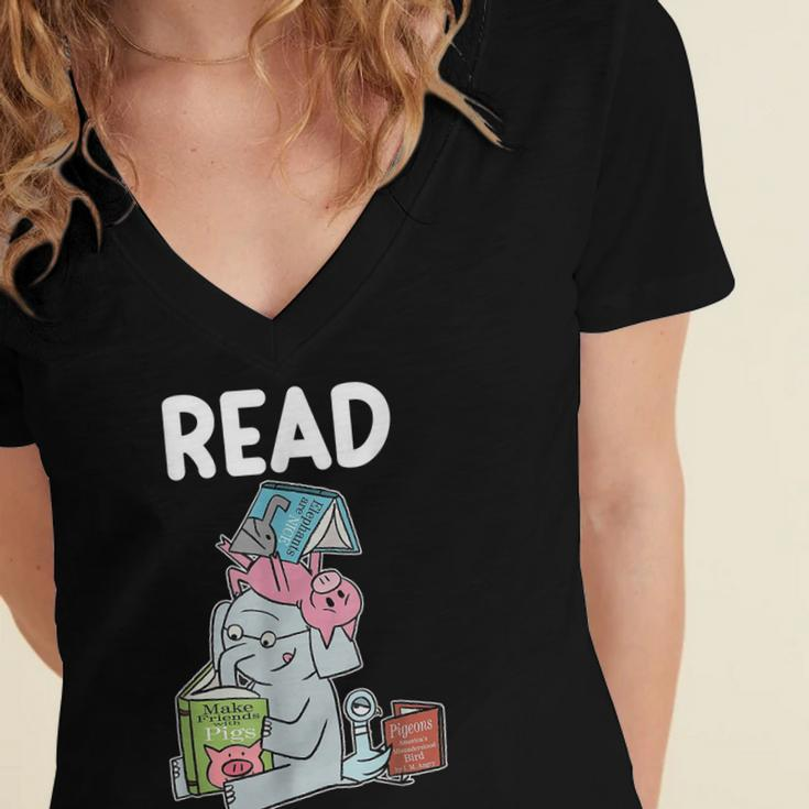Funny Teacher Library Read Book Club Piggie Elephant Pigeons Women's Jersey Short Sleeve Deep V-Neck Tshirt