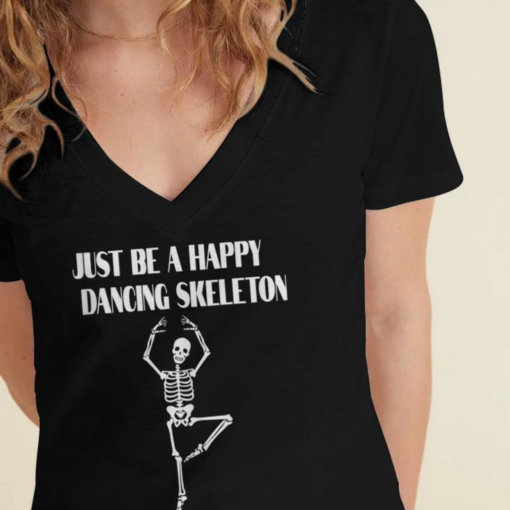 Happy Funny Dancing Skeleton For Halloween Horror Fans Women's Jersey Short Sleeve Deep V-Neck Tshirt