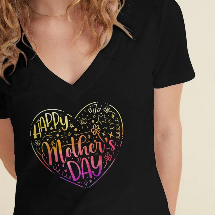 Happy Mothers Day With Tie-Dye Heart Mothers Day Women's Jersey Short Sleeve Deep V-Neck Tshirt