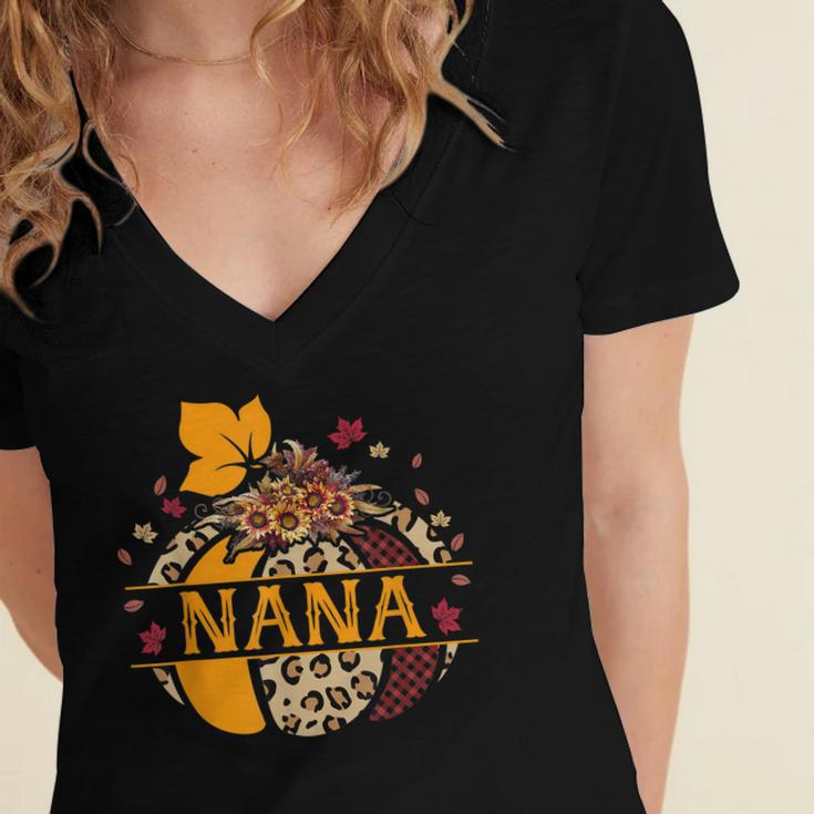 Nana Pumpkin Leopard Sunflower Halloween Women's Jersey Short Sleeve Deep V-Neck Tshirt