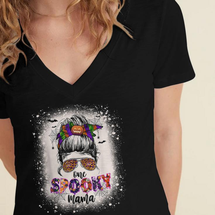 One Spooky Mama Mommy Halloween Mom Life Messy Bun Bleached Women's Jersey Short Sleeve Deep V-Neck Tshirt