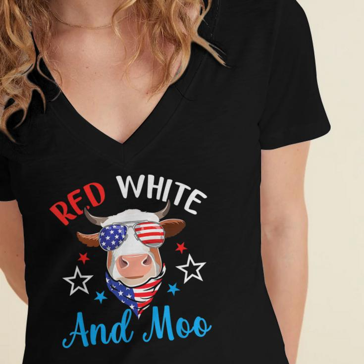 Red White And Moo 4Th Of July Cow Usa Flag Farmer Patriotic V2 Women's Jersey Short Sleeve Deep V-Neck Tshirt