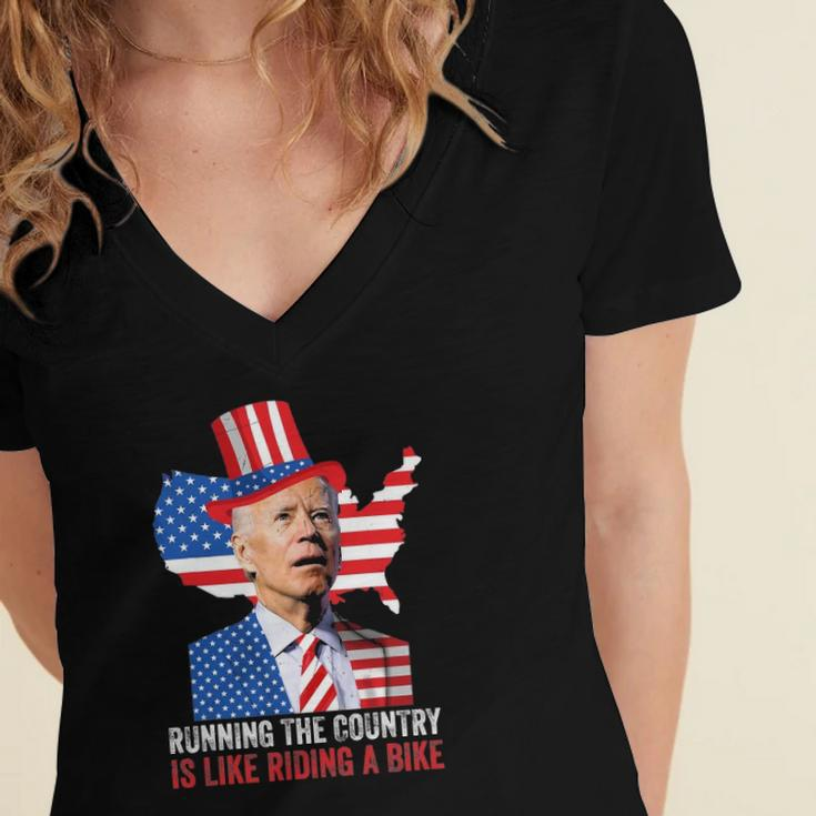 Running The Country Is Like Riding A Bike Anti Biden Women's Jersey Short Sleeve Deep V-Neck Tshirt