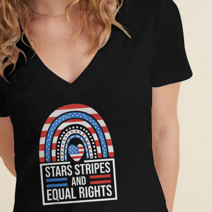 Stars Stripes &Amp Equal Rights Rainbow American Flag Feminist Women's Jersey Short Sleeve Deep V-Neck Tshirt