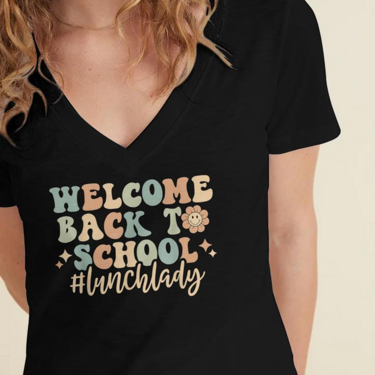 Welcome Back To School Lunch Lady Retro Groovy Women's Jersey Short Sleeve Deep V-Neck Tshirt