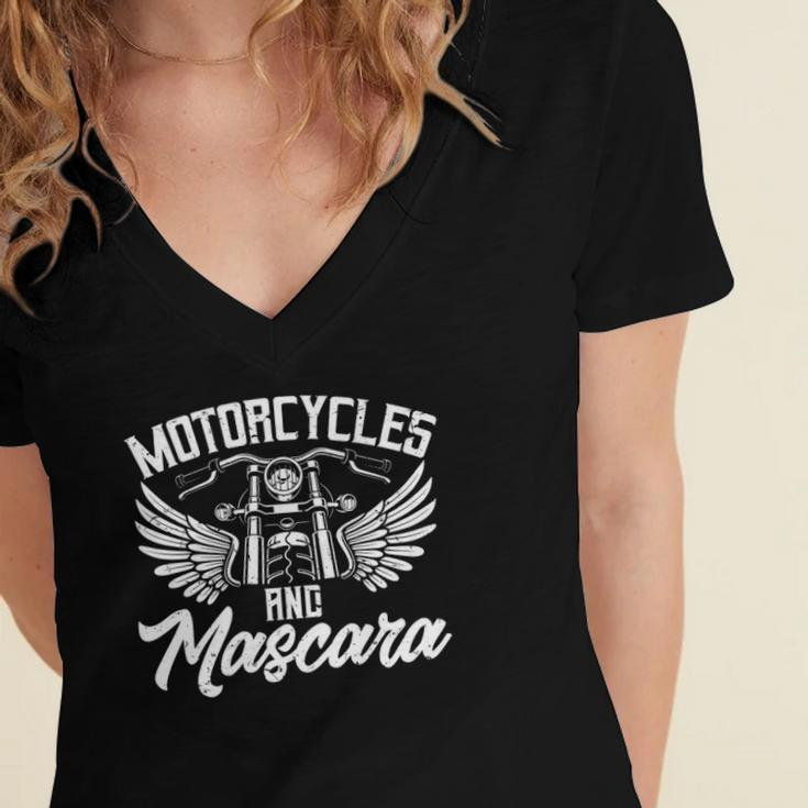 Womens Biker Lifestyle Quotes Motorcycles And Mascara Women's Jersey Short Sleeve Deep V-Neck Tshirt