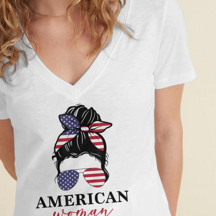 All American Girl Messy Bun Flag 4Th Of July Sunglasses Women's Jersey Short Sleeve Deep V-Neck Tshirt