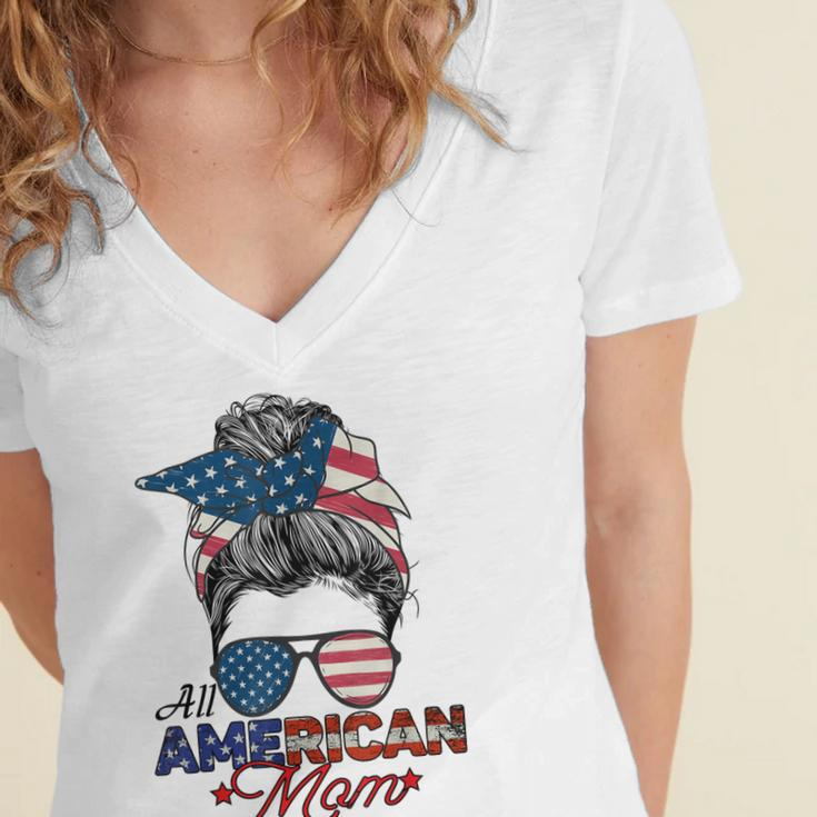 All American Mom 4Th July Messy Bun Us Flag Women's Jersey Short Sleeve Deep V-Neck Tshirt