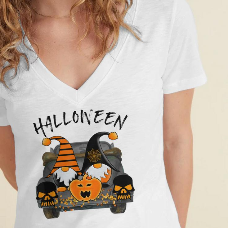 Boo Pumpkin Witch Gnomes In Halloween Truck Funny Holiday V2 Women's Jersey Short Sleeve Deep V-Neck Tshirt