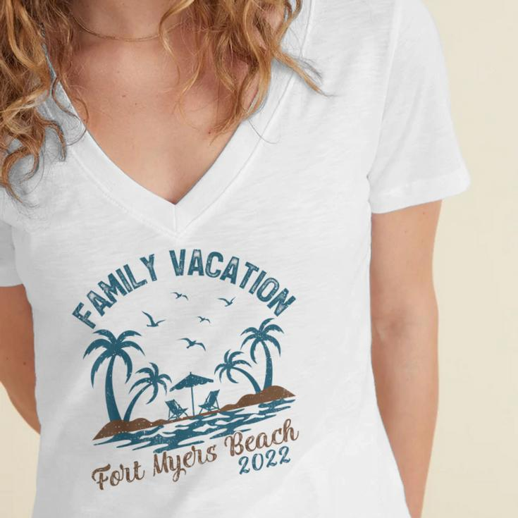Family Vacation 2022 Palm Tree Florida Fort Myers Beach Women's Jersey Short Sleeve Deep V-Neck Tshirt