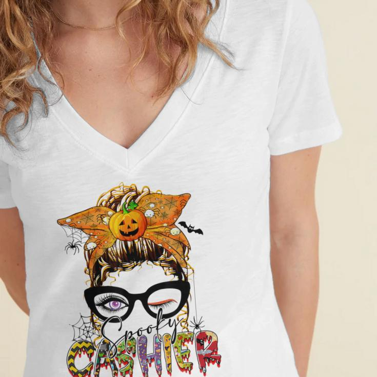 Halloween Spooky Cashier Messy Bun Glasses Spooky Women's Jersey Short Sleeve Deep V-Neck Tshirt