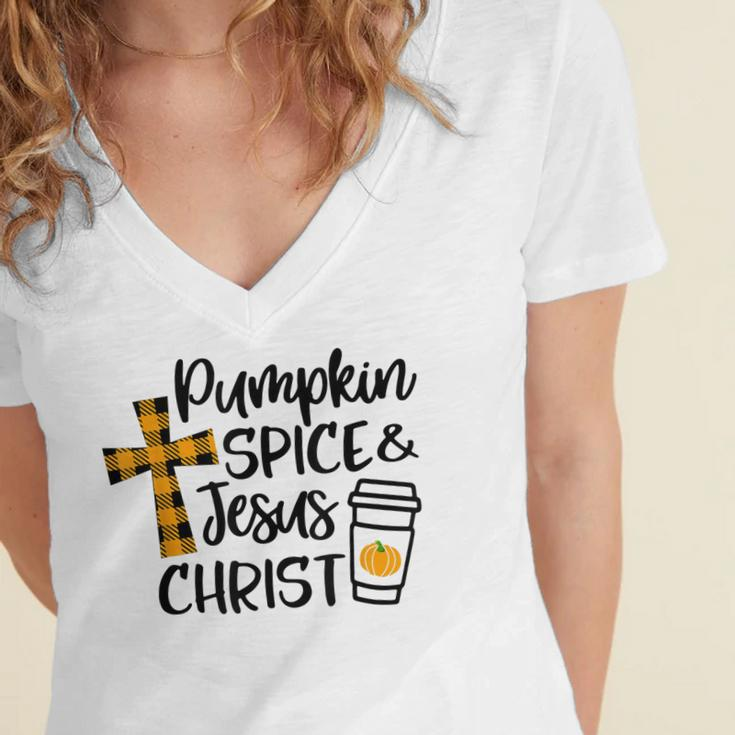 Hello Fall Pumpkin Spice & Jesus Christ Fall Christian Gift Women's Jersey Short Sleeve Deep V-Neck Tshirt