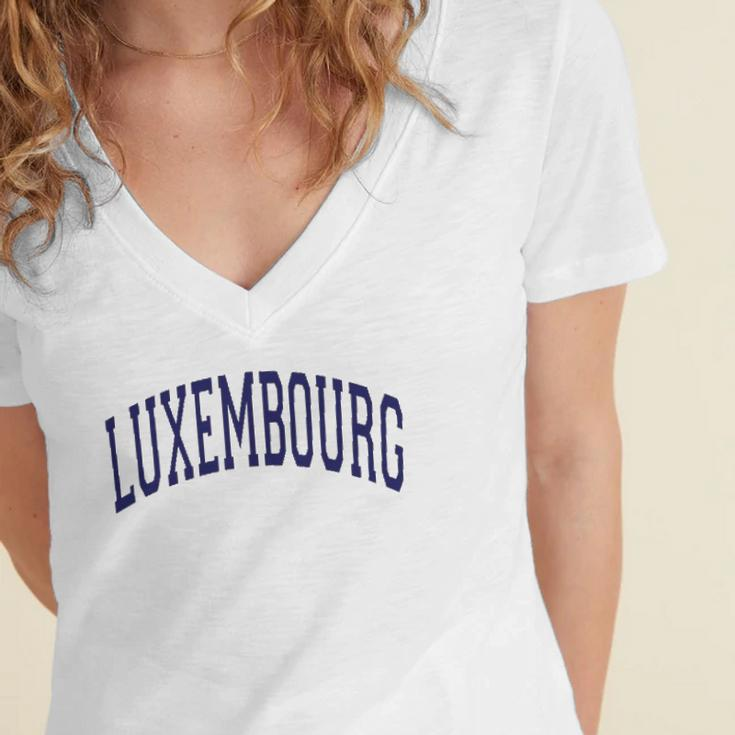 Luxembourg Varsity Style Navy Blue Text Women's Jersey Short Sleeve Deep V-Neck Tshirt