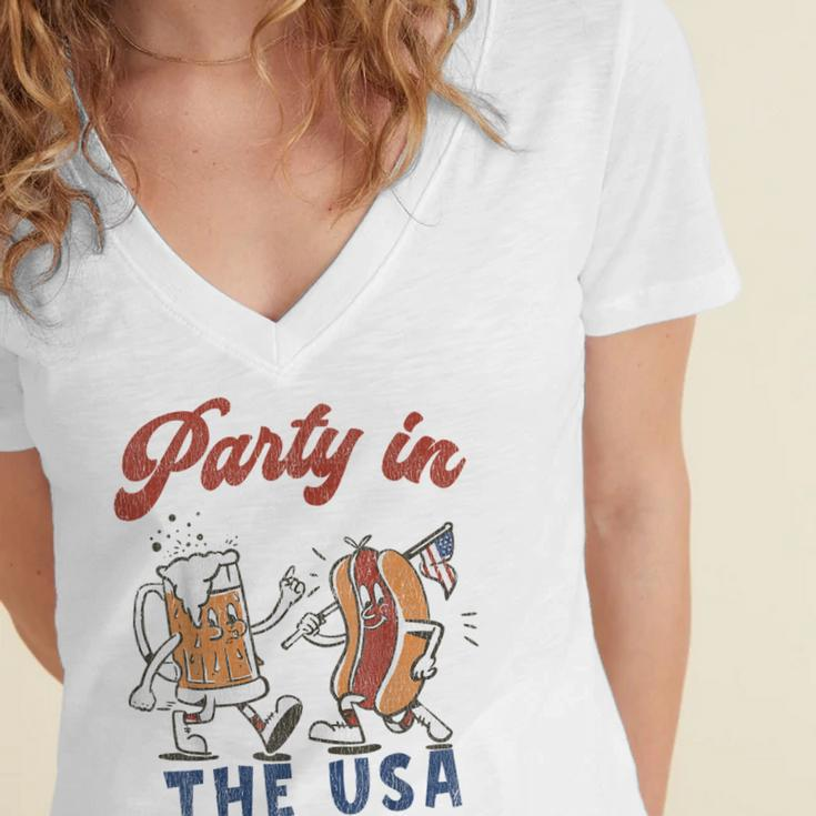 Party In The Usa Hot Dog Love Usa Funny Fourth Of July Women's Jersey Short Sleeve Deep V-Neck Tshirt