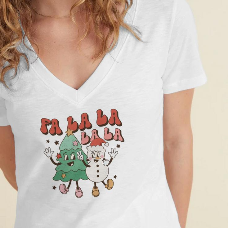 Retro Christmas Fa La La Vintage Christmas Tree Gifts Women's Jersey Short Sleeve Deep V-Neck Tshirt