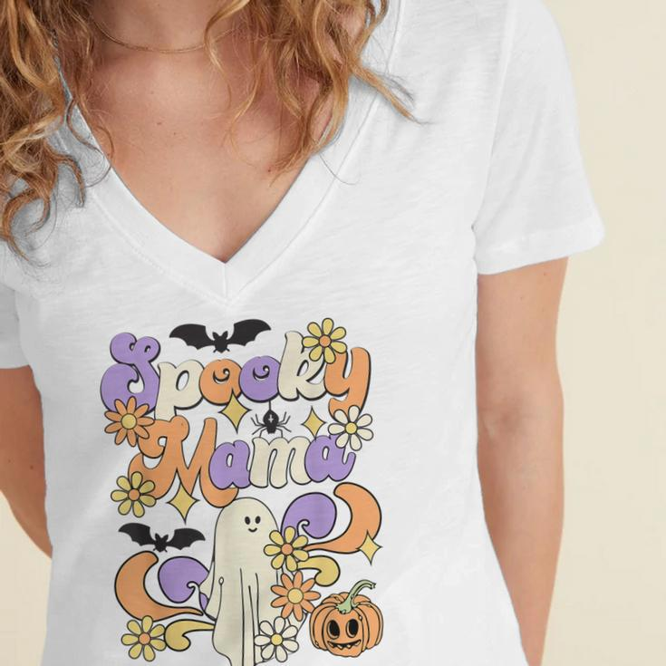 Spooky Mama Floral Ghost Boo Mom And Babe Matching Halloween Women's Jersey Short Sleeve Deep V-Neck Tshirt