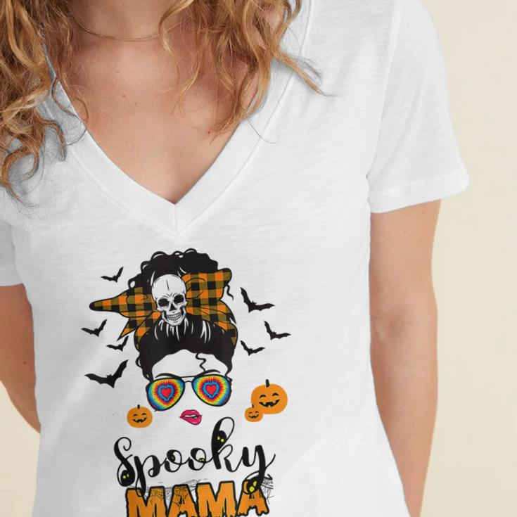 Spooky Mama Messy Bun For Halloween Messy Bun Mom Monster V2 Women's Jersey Short Sleeve Deep V-Neck Tshirt