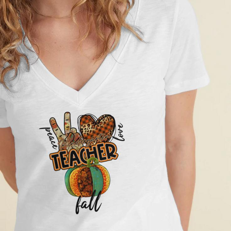 Teacher Peace Love Fall Kindergarten Women's Jersey Short Sleeve Deep V-Neck Tshirt