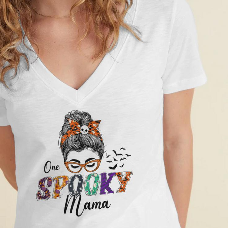 Womens Halloween One Spooky Mama Family Matching Costume Women's Jersey Short Sleeve Deep V-Neck Tshirt