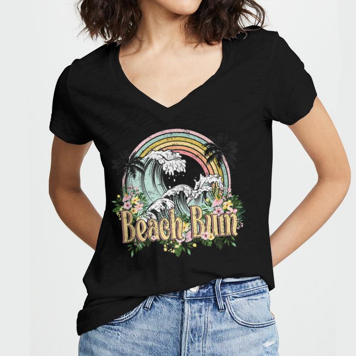 Vintage Retro Beach Bum Tropical Summer Vacation Gifts  Women's Jersey Short Sleeve Deep V-Neck Tshirt