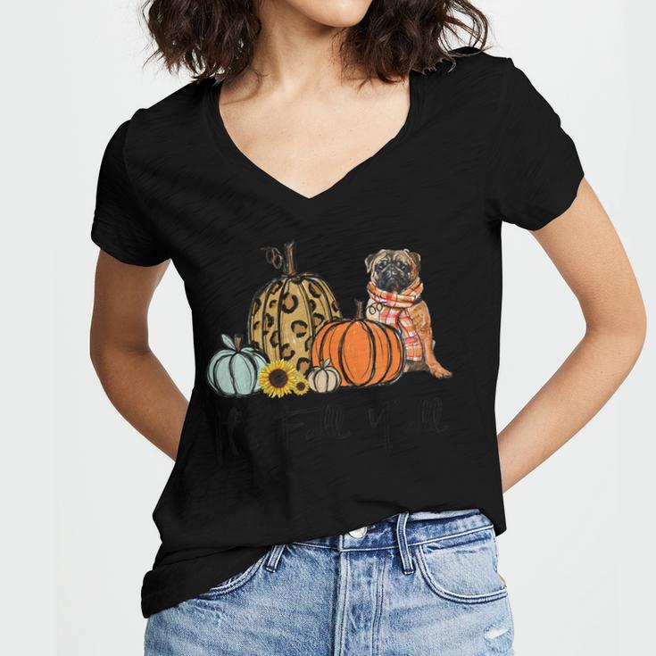 Its Fall Yall Yellow Pug Dog Leopard Pumpkin Falling  Women's Jersey Short Sleeve Deep V-Neck Tshirt