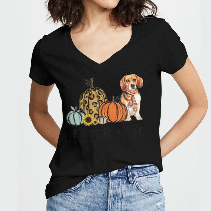 Its Fall Yall Yellow Beagle Dog Leopard Pumpkin Falling  Women's Jersey Short Sleeve Deep V-Neck Tshirt