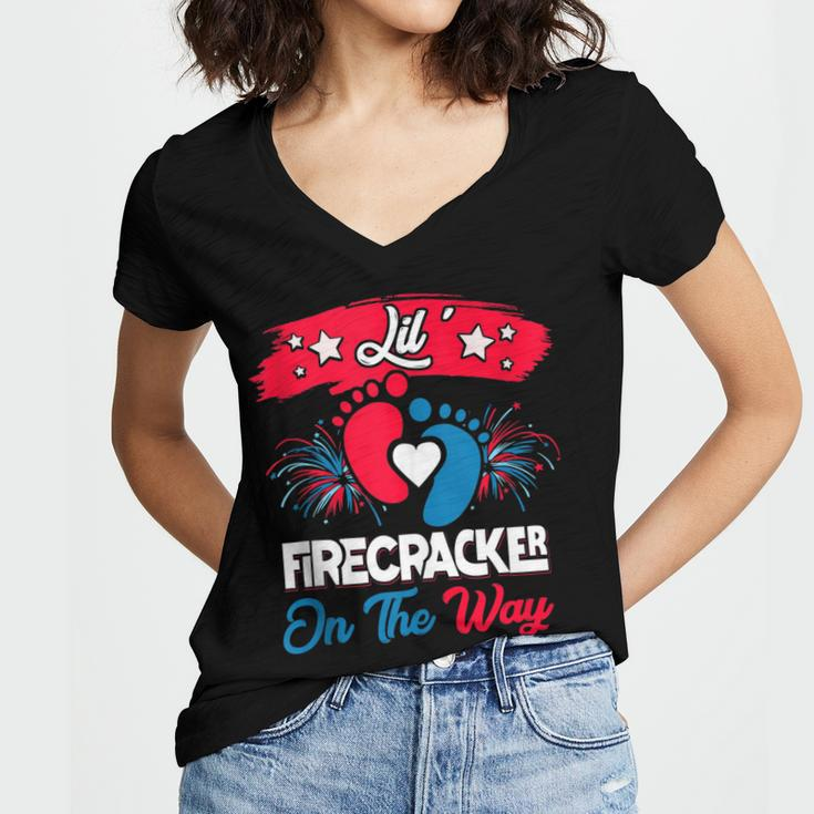 4Th Of July Pregnancy Patriotic Lil Firecracker On The Way Women's Jersey Short Sleeve Deep V-Neck Tshirt