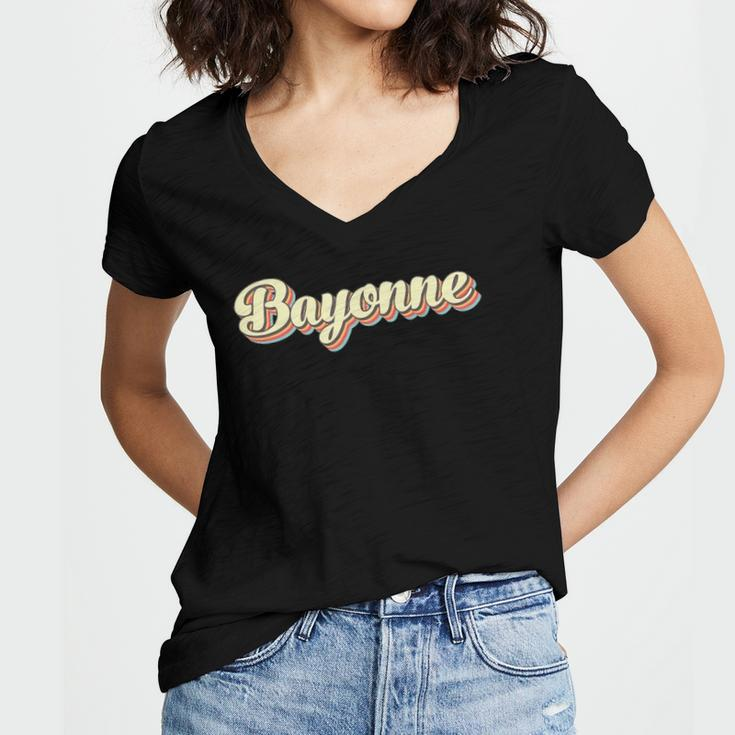 Bayonneretro Art Baseball Font Vintage Women's Jersey Short Sleeve Deep V-Neck Tshirt