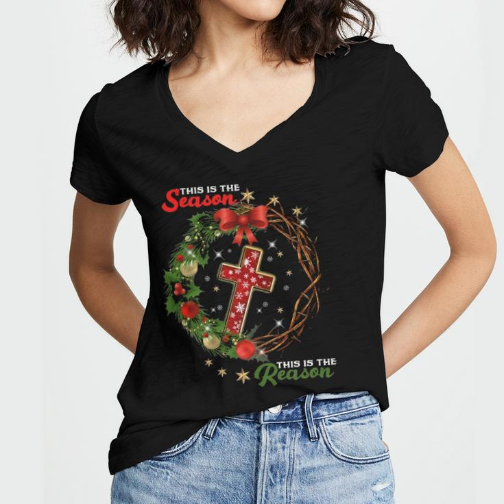 Christmas Wreath This Is The Season This Is The Reason-Jesus Women's Jersey Short Sleeve Deep V-Neck Tshirt