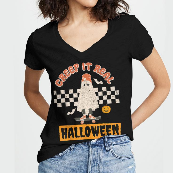 Creep It Real Retro Halloween Funny Ghost Skateboarding Women's Jersey Short Sleeve Deep V-Neck Tshirt