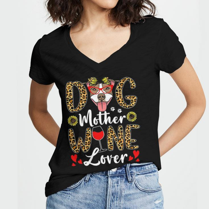 Dog Mother Wine Lover Shirt Dog Mom Wine Mothers Day Gifts Women's Jersey Short Sleeve Deep V-Neck Tshirt