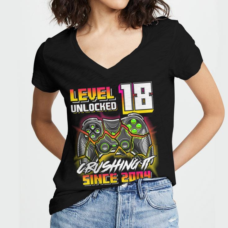 Level 18 Unlocked Crushing It 2004 Video Game 18Th Birthday Women's Jersey Short Sleeve Deep V-Neck Tshirt