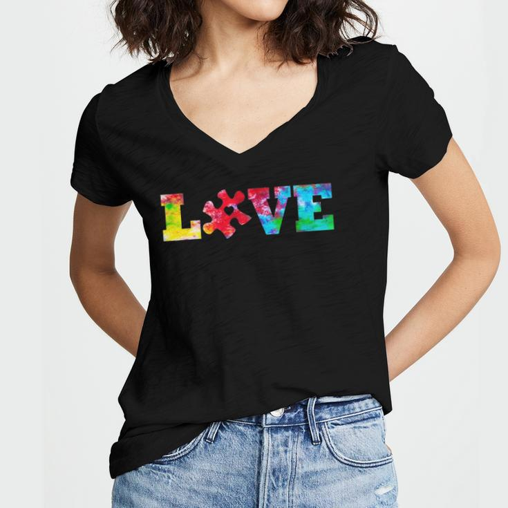 Love Puzzle Pieces Heart Autism Awareness Tie Dye Gifts Women's Jersey Short Sleeve Deep V-Neck Tshirt