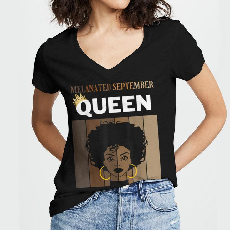 Melanated September Queen African American Woman Birthday Women's Jersey Short Sleeve Deep V-Neck Tshirt
