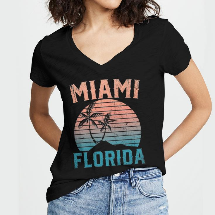 Miami Beach Tropical Summer Vacation Retro Miami Florida Women's Jersey Short Sleeve Deep V-Neck Tshirt
