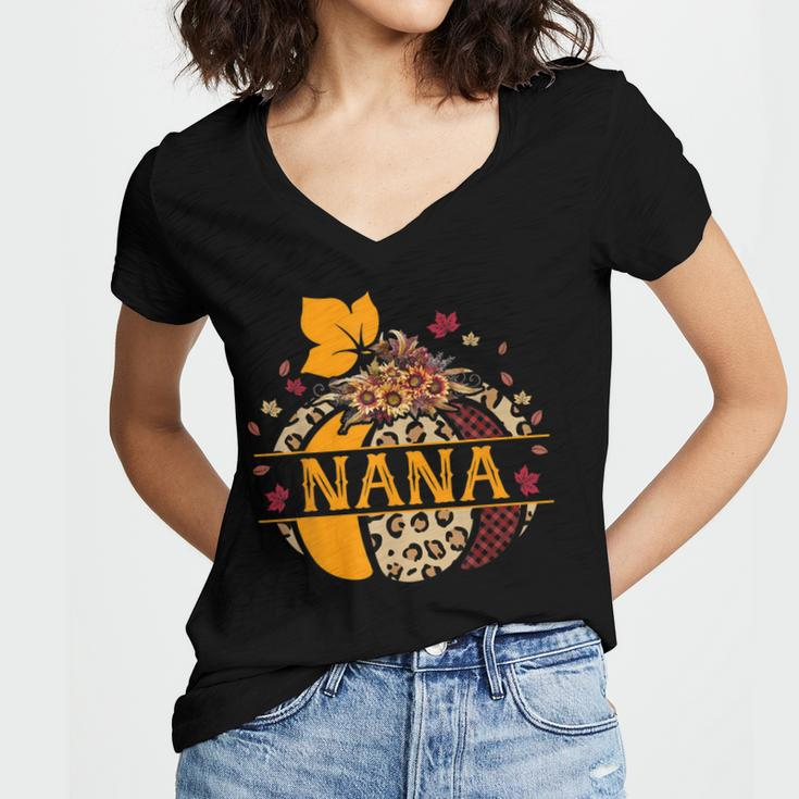 Nana Pumpkin Leopard Sunflower Halloween Women's Jersey Short Sleeve Deep V-Neck Tshirt
