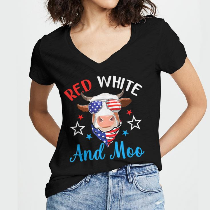 Red White And Moo 4Th Of July Cow Usa Flag Farmer Patriotic V2 Women's Jersey Short Sleeve Deep V-Neck Tshirt