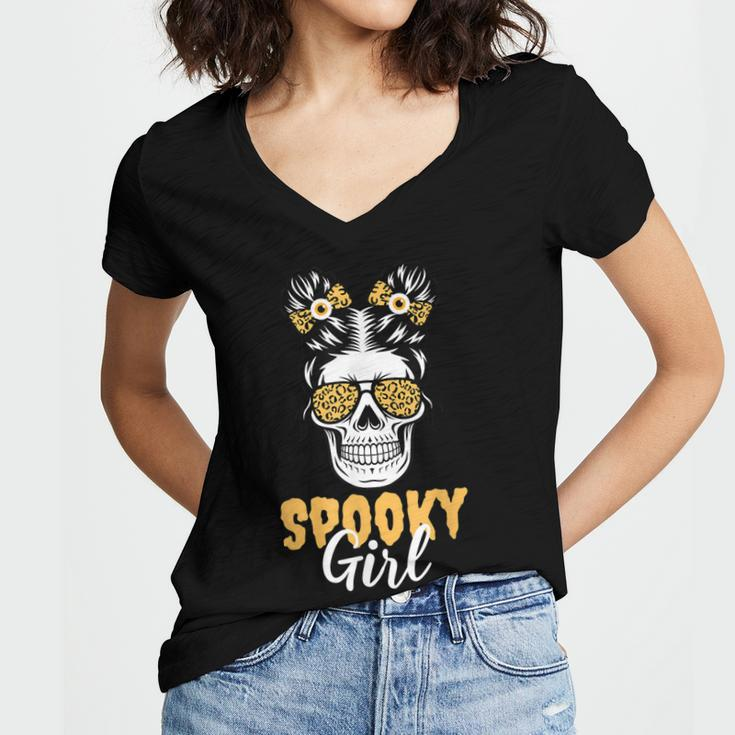 Spooky Halloween Girl Skull Messy Bun Leopard Costume Women's Jersey Short Sleeve Deep V-Neck Tshirt