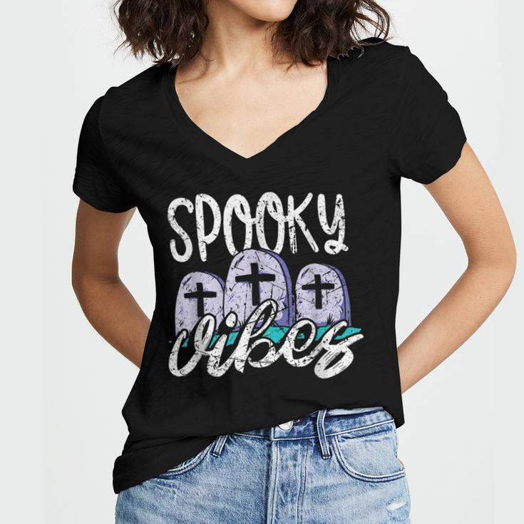 Vintage Spooky Vibes Halloween Art - Cemetery Tombstones Women's Jersey Short Sleeve Deep V-Neck Tshirt