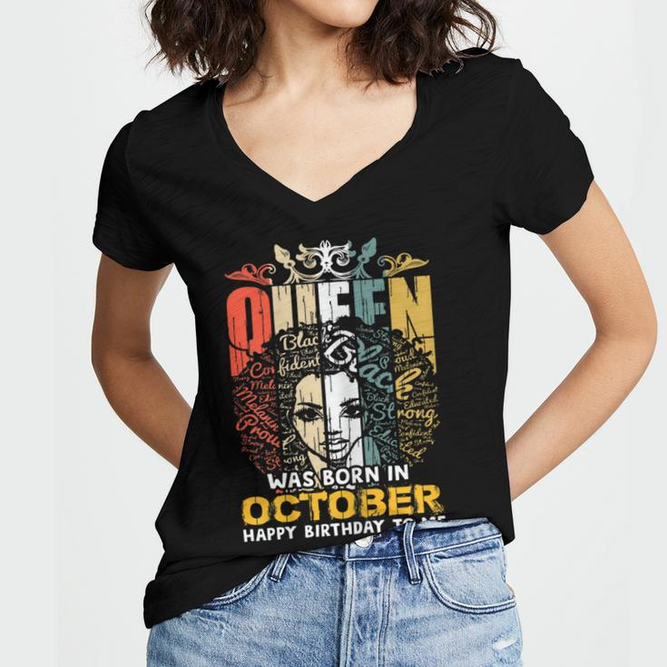 Womens A Queen Was Born In October Happy Birthday To Me Women's Jersey Short Sleeve Deep V-Neck Tshirt