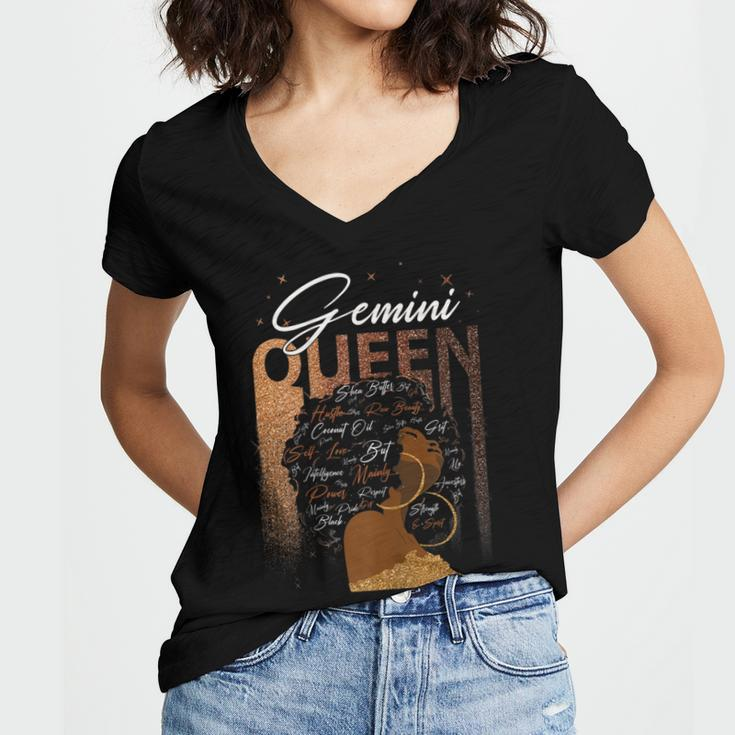 Womens Funny Gemini Girl Zodiac Birthday Pride Melanin Afro Queen Women's Jersey Short Sleeve Deep V-Neck Tshirt