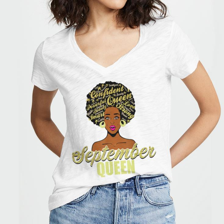 Black African American Melanin Afro Queen September Birthday Women's Jersey Short Sleeve Deep V-Neck Tshirt