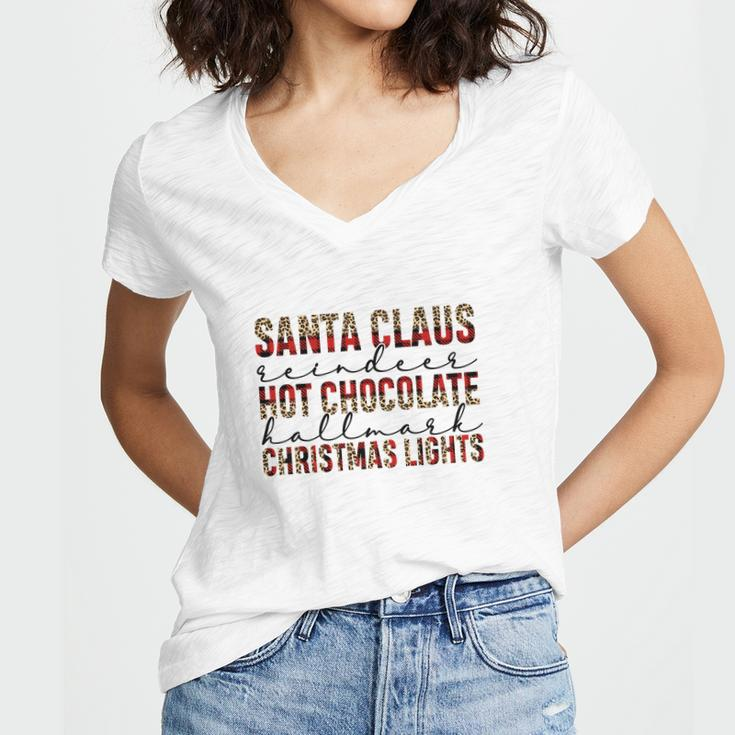 Christmas Buffalo Plaid Santa Claus Hot Cocoa Holiday Christmas Lights Women's Jersey Short Sleeve Deep V-Neck Tshirt
