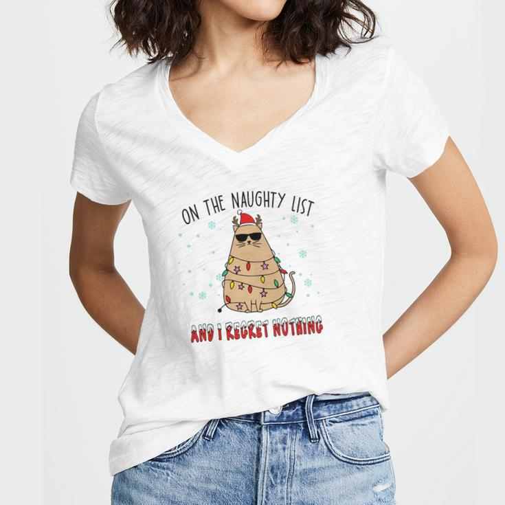 Christmas On The Naughty List And I Regret Nothing Xmas Cat Lovers Gifts Women's Jersey Short Sleeve Deep V-Neck Tshirt