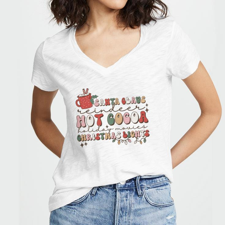 Christmas Vintage Santa Claus Hot Cocoa Holiday Christmas Lights Women's Jersey Short Sleeve Deep V-Neck Tshirt