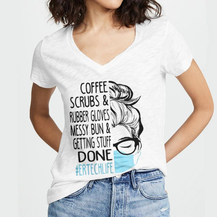 Coffee Scrubs And Rubber Gloves Messy Bun Er Tech Women's Jersey Short Sleeve Deep V-Neck Tshirt