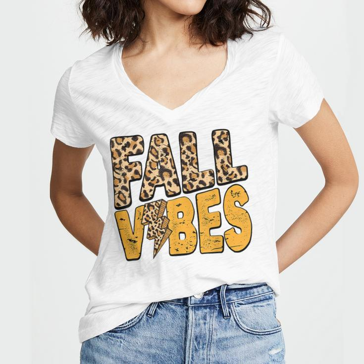 Distressed Fall Vibes Leopard Lightning Bolts In Fall Colors Women's Jersey Short Sleeve Deep V-Neck Tshirt