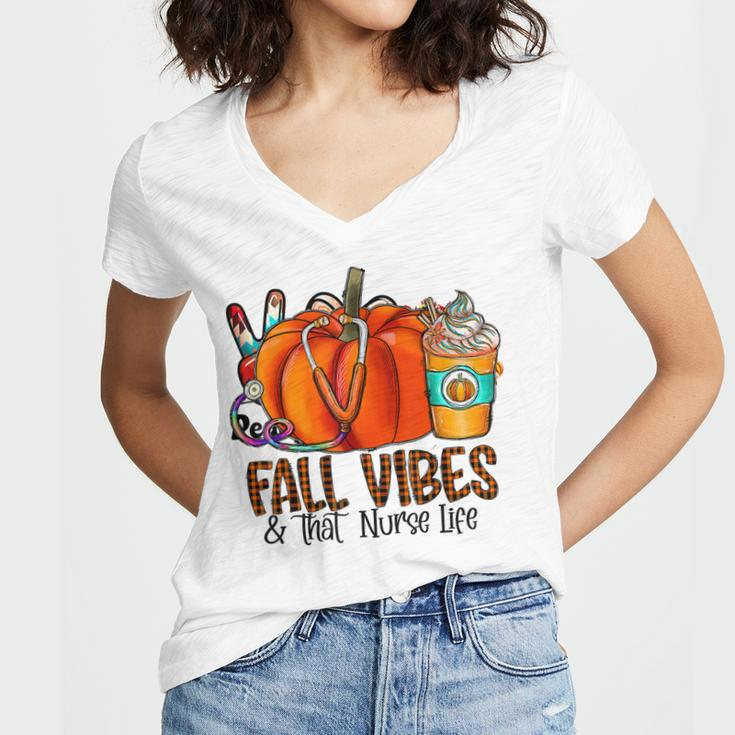 Fall Vibes And That Nurse Life Pumpkin Fall Thankful Nurse Women's Jersey Short Sleeve Deep V-Neck Tshirt