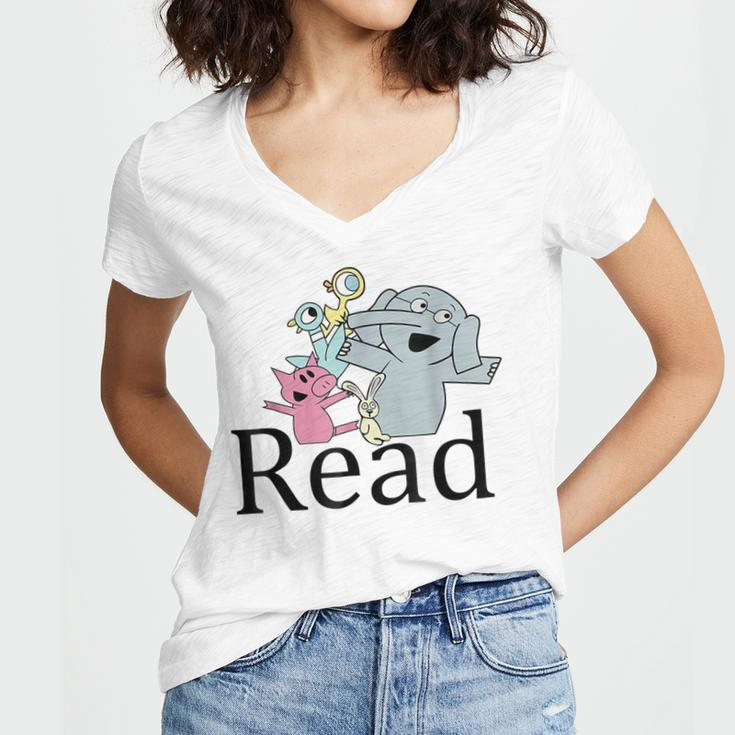 Funny Read Book Club Piggie Elephant Pigeons Teacher Women's Jersey Short Sleeve Deep V-Neck Tshirt